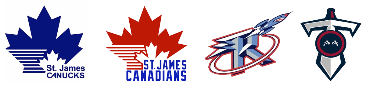 St. James Canucks, Canadians, Rockets, and Titans team logos